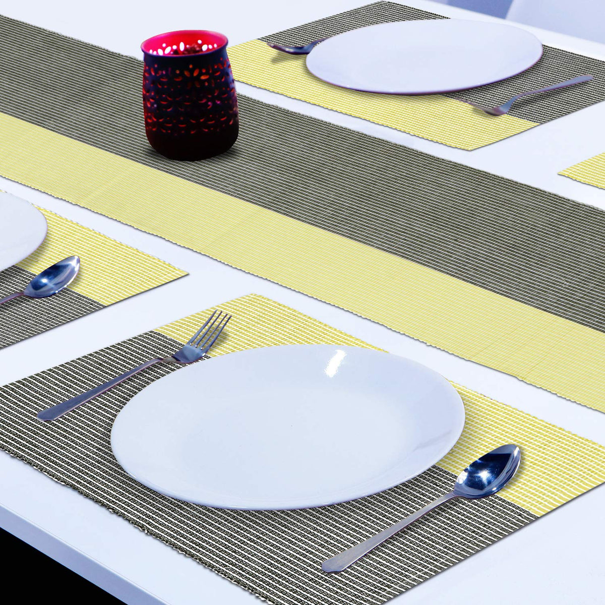 Ribbed Cotton Heat Resistant Dining Table Mat, Yellow & Grey