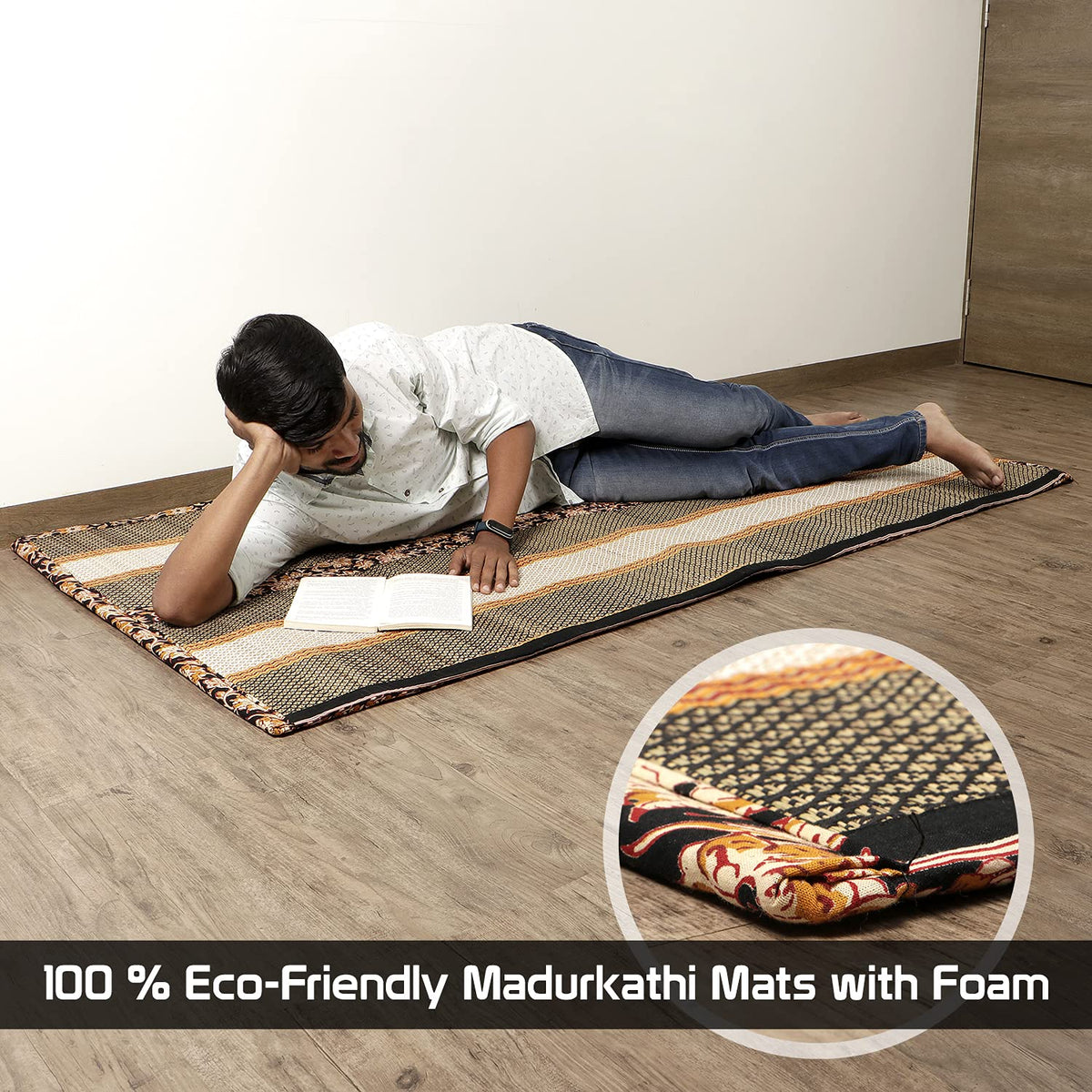 Comfortable Madurkathi chatai mat with foam, eco-friendly handcrafted design for reading and relaxation.