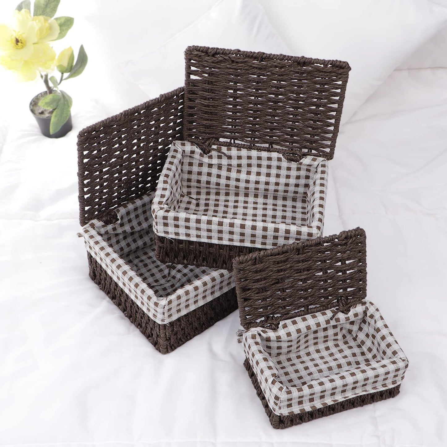 Environmental Friendly Paper Rope Wicker Storage Baskets with lid, Set of 3, Brown