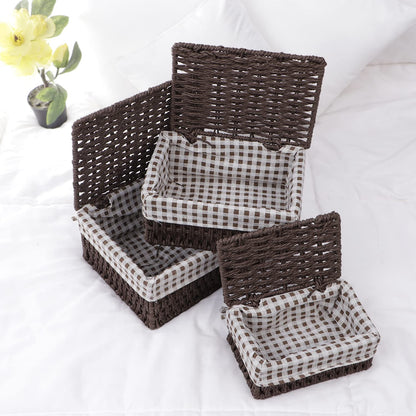 Environmental Friendly Paper Rope Wicker Storage Baskets with lid, Set of 3, Brown