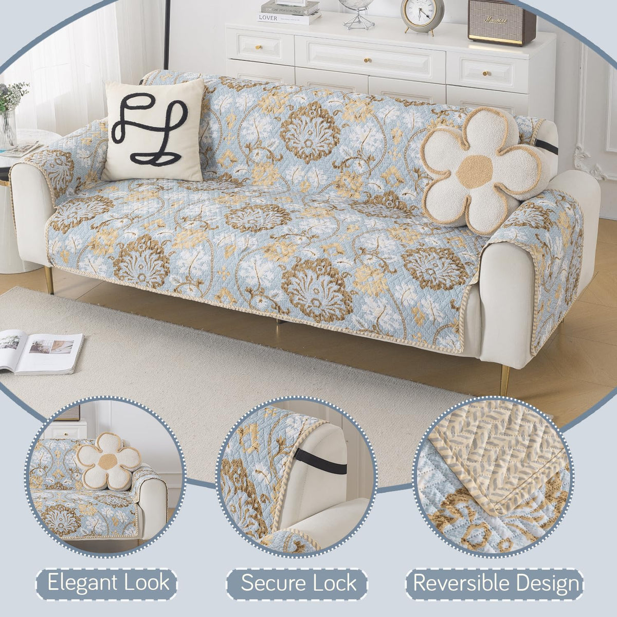 Easy Drape Reversible Quilted 5-Seater Sofa Cover (3+1+1), Cool Breeze Floral