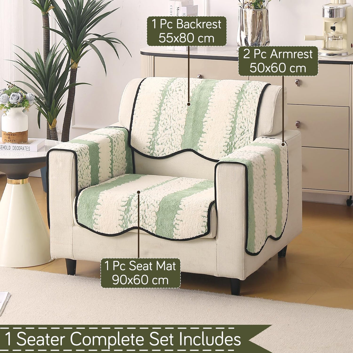 Luxury Sofa Cover Set | Seat, Back & Arm Covers | Anti-Slip Wavy Mat – Pistachio Green