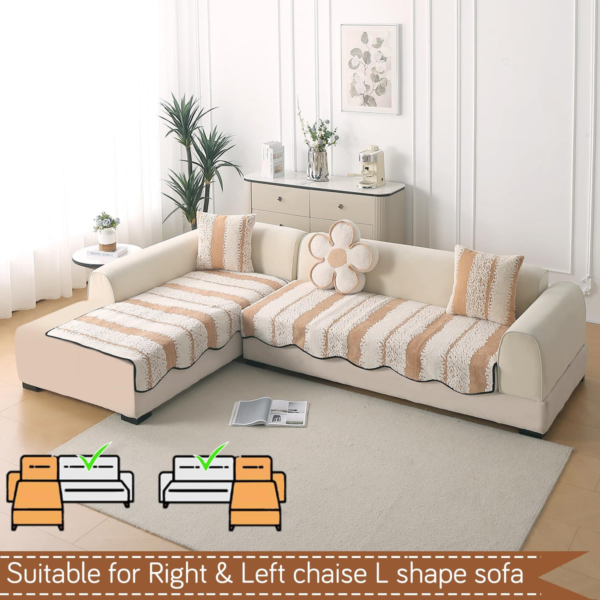 Luxury Wavy Mat with Anti Slip Backing  L Shape Sofa Cover Seat Mat - Desert Brown