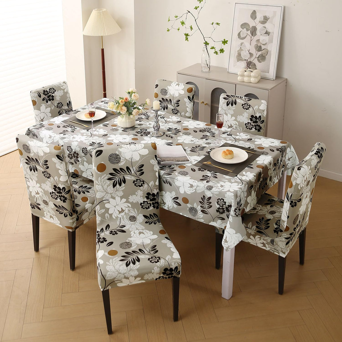 Elastic Dining Chair Covers with Matching Tablecloth, Feather Brown Floral