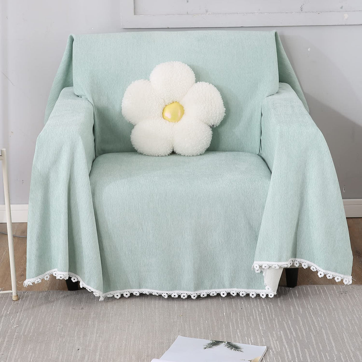 1 Seater elegant Mint colour chenille sofa throw of size 180(D)x180(L) 

