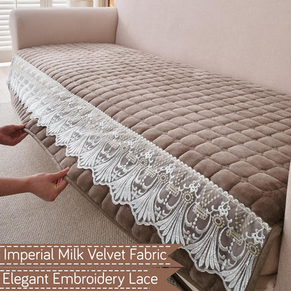 BelleLace Series Imperial Milk Velvet Sofa Cover Mat with Lace Design - Mocha Brown