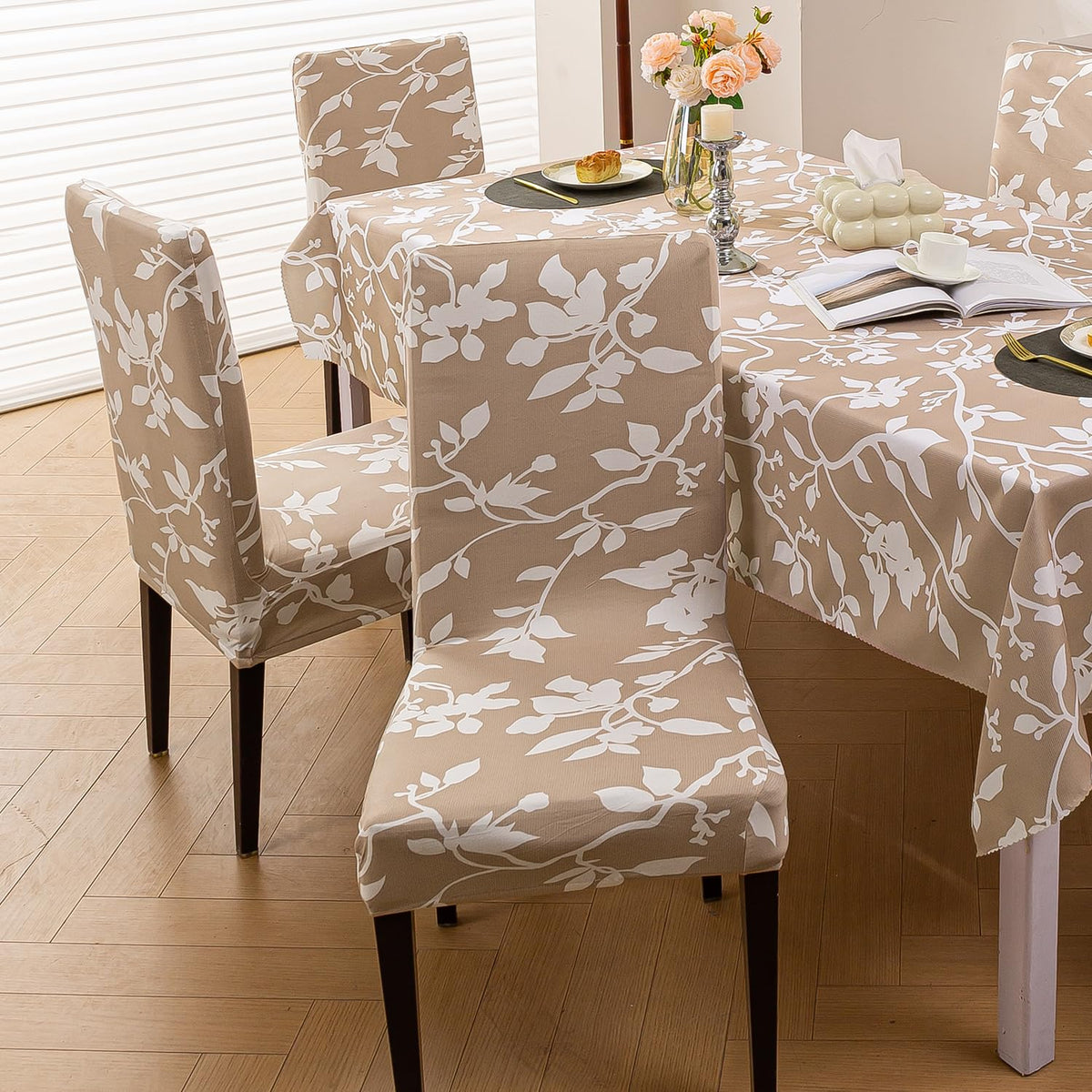 Elastic Dining Chair Covers with Matching Tablecloth, Buff Brown Sillehoute Floral