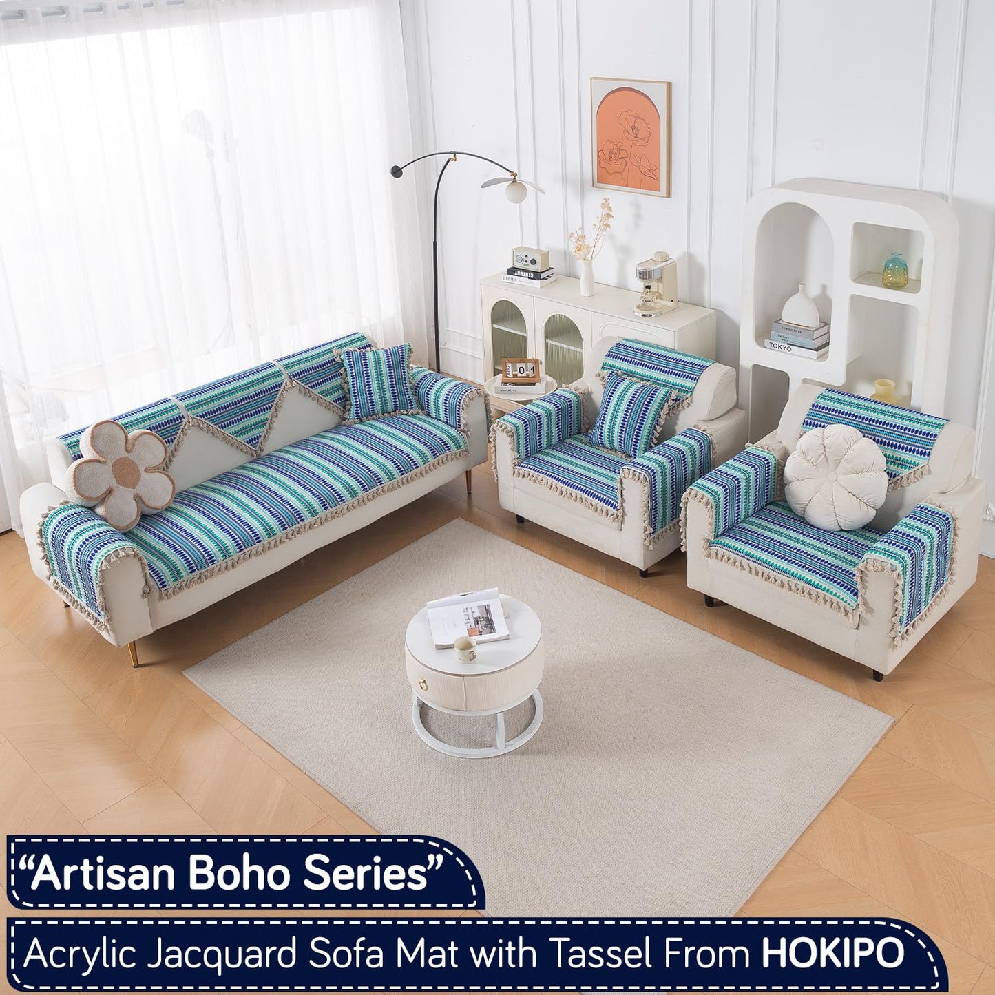 Artisan Boho 5-Seater Sofa Seat Mat with Tassels (3+1+1), Royal Blue