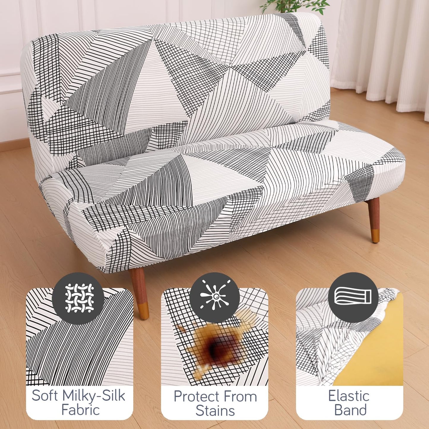 Elira Series Stretchable Elastic Armless Sofa Cover – 140 GSM, Futon Slipcover, Easy Fit, Snow White Black Geometry