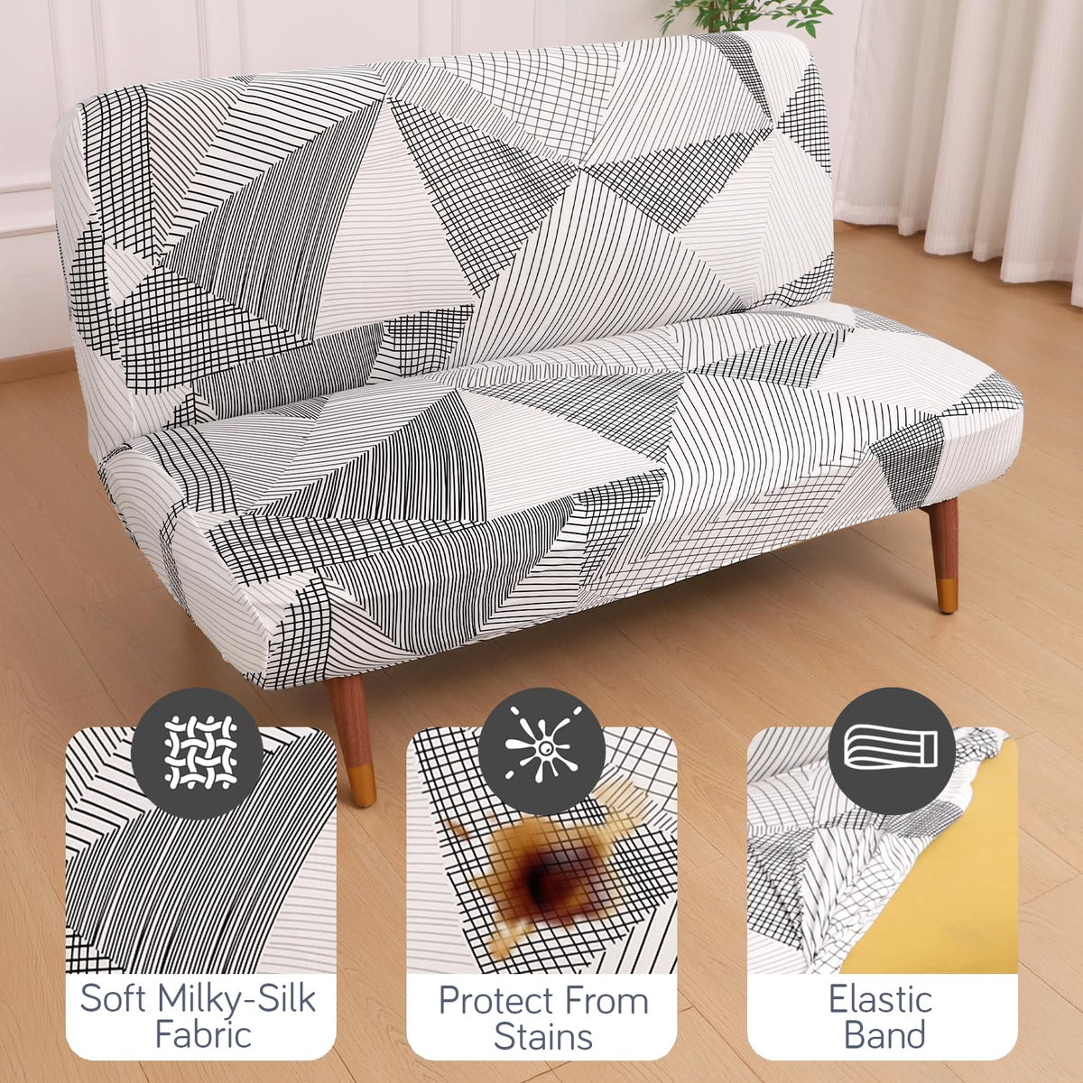 Buy Snow White Black Geometry sofa cum bed cover with soft milky-silk fabric, stain protection & secure elastic band fit | HOKIPO