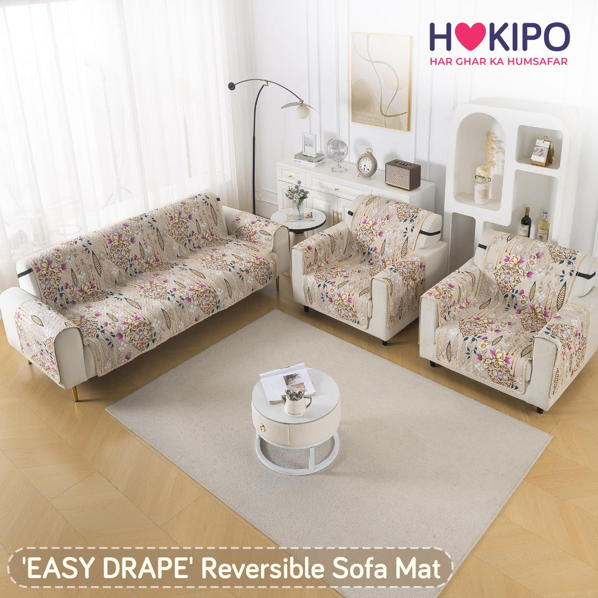 Easy Drape Reversible Quilted 5-Seater Sofa Cover (3+1+1), Garden Classic