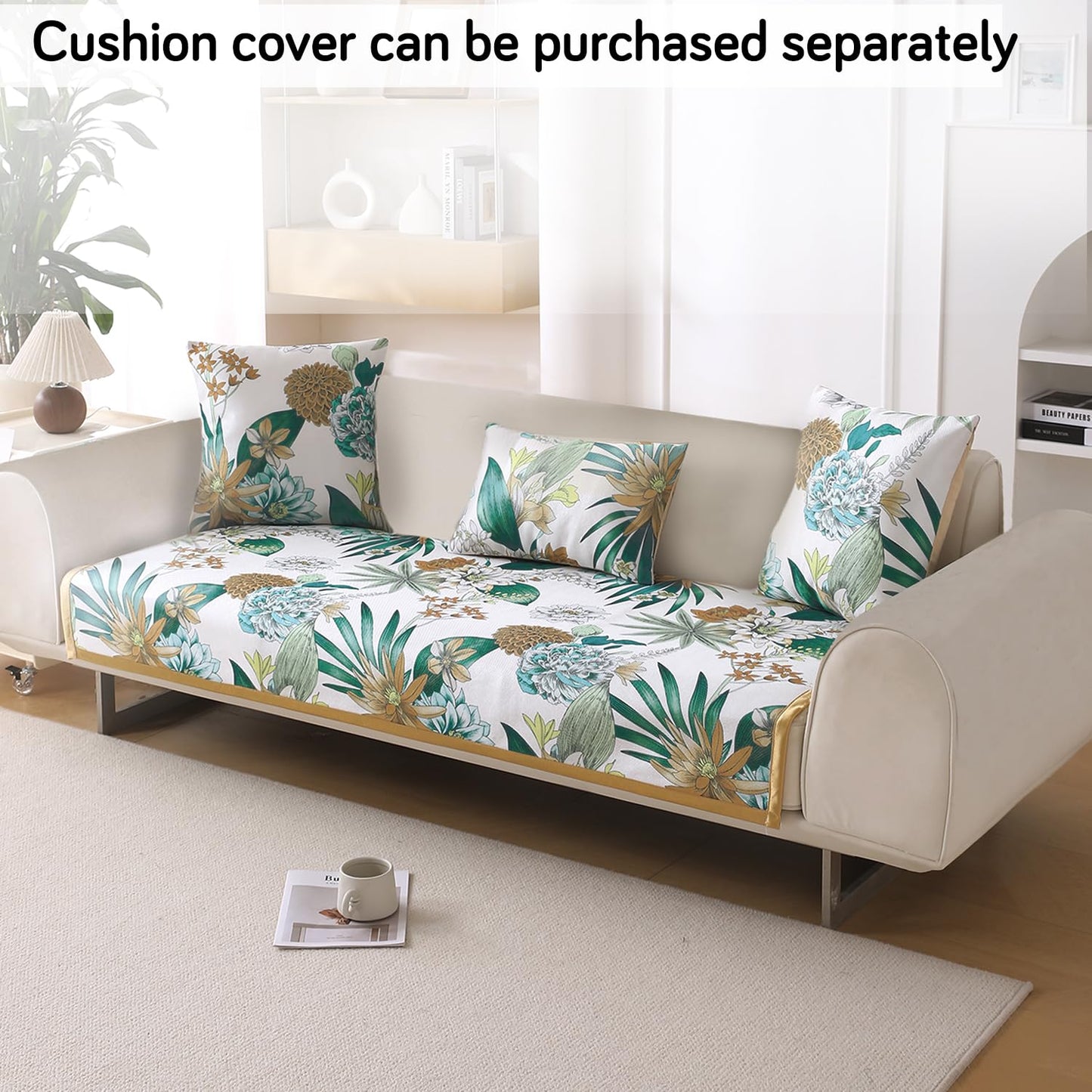 Premium Anti Slip Ice Silk Sofa Seat Mat for 1/2/3 Seater, Pine Green Floral