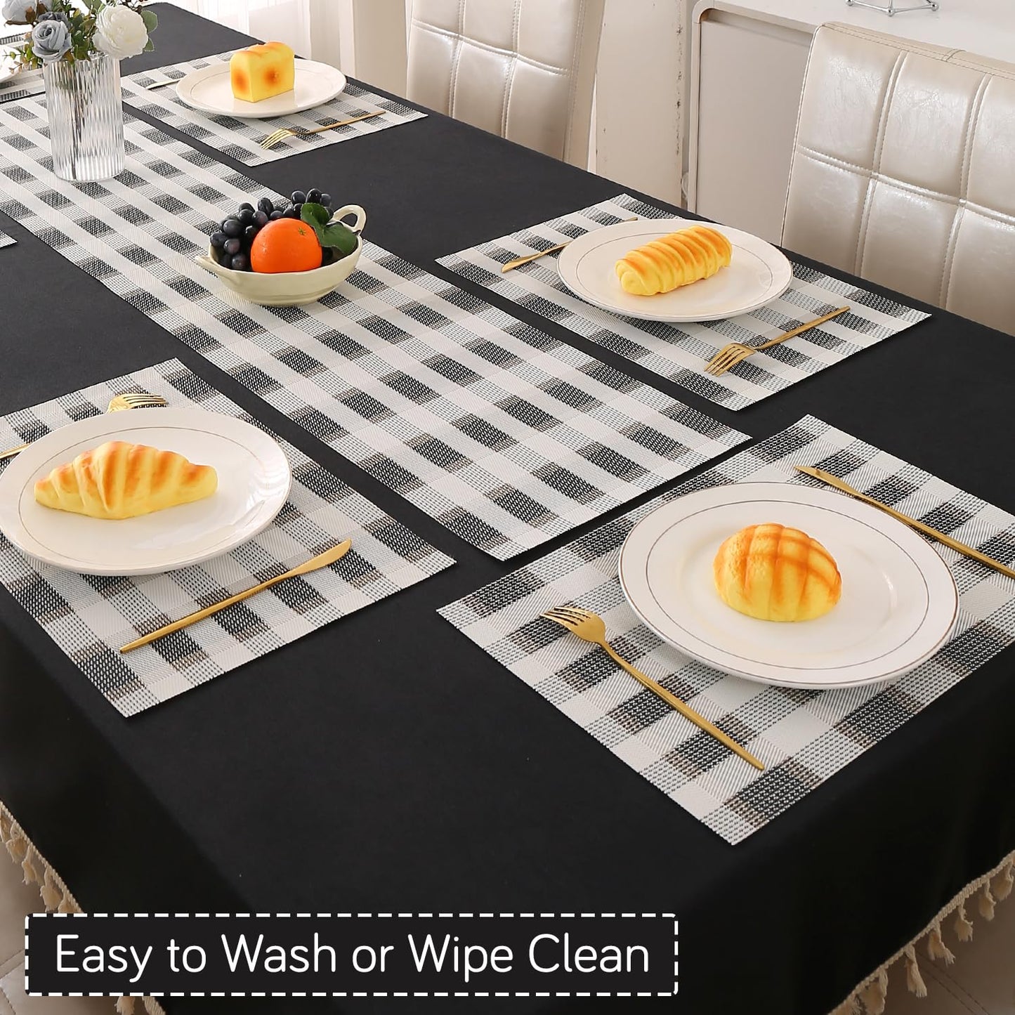 Classic Checks PVC Washable Mats for Dining Table - Sable Black