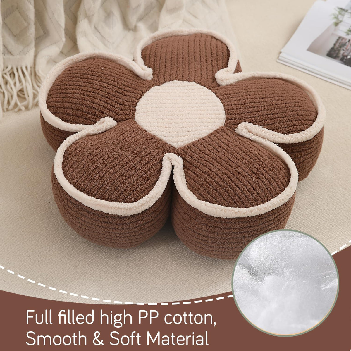 HOKIPO Plush Cotton Flower Cushion | Decorative Throw Pillow for Bed & Sofa - Cedar Brown