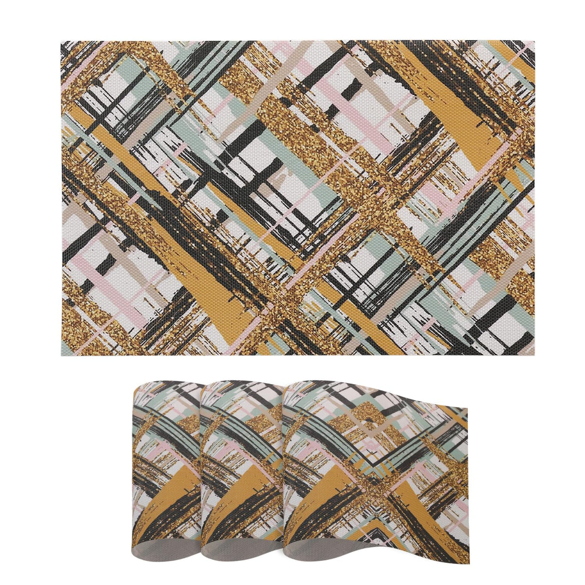 Marble Fusion PVC Mats for Dining Table, Crosshatch - Mustard Gold