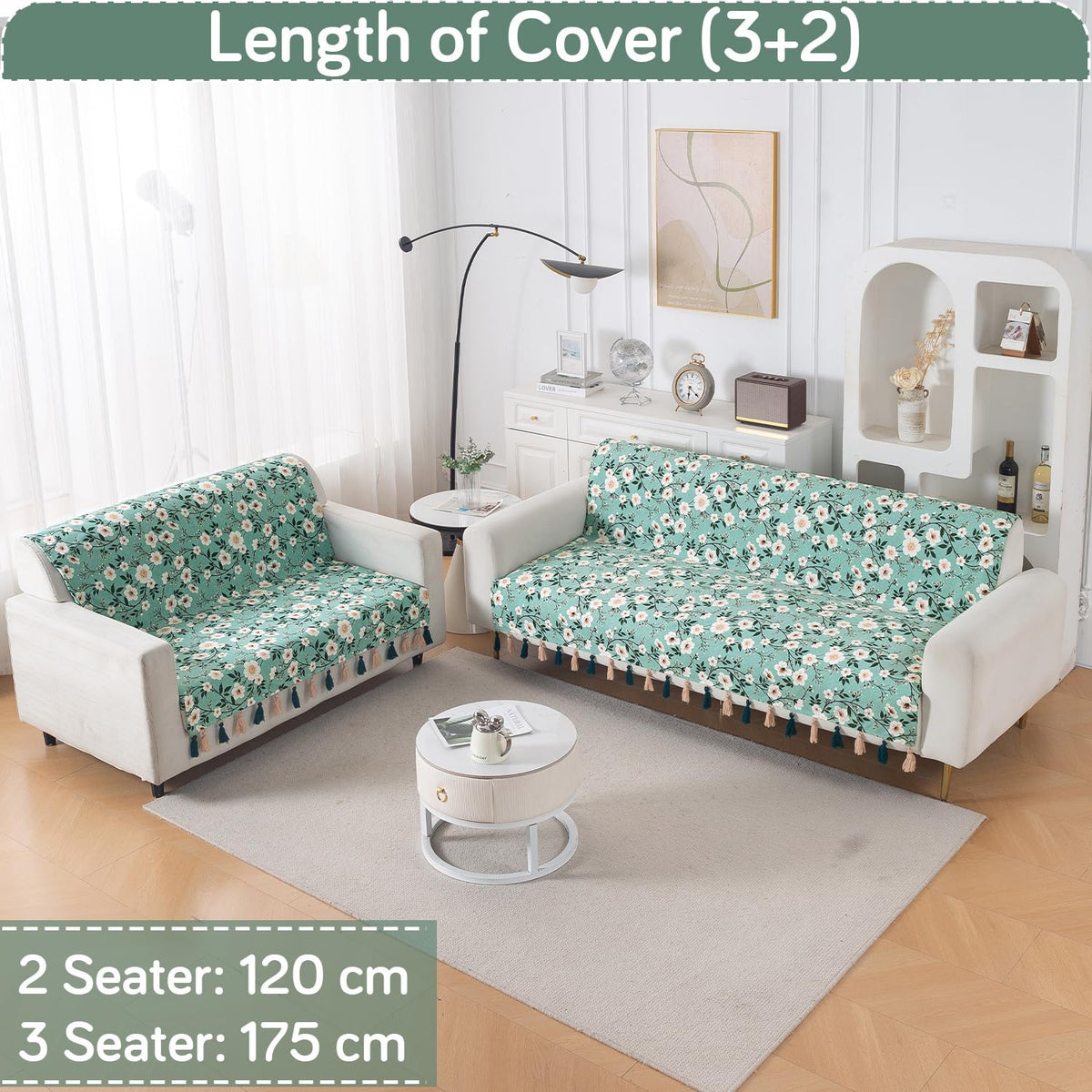 'Whispers of Nature' Series Holland Velvet Sofa Cover with Tassel, Sage Floral Vine