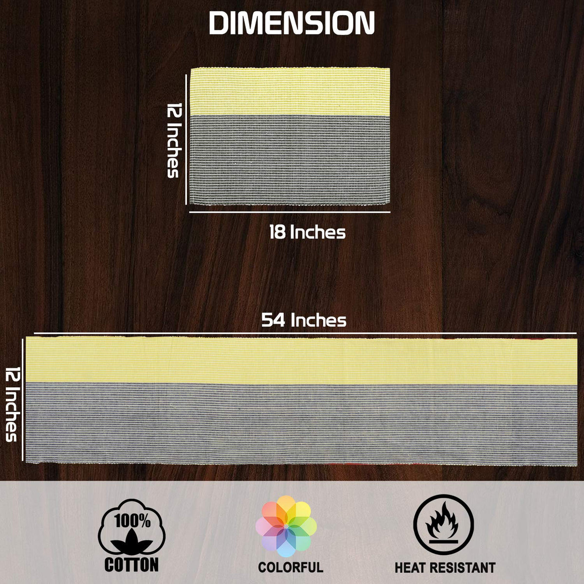 Ribbed Cotton Heat Resistant Dining Table Mat, Yellow & Grey