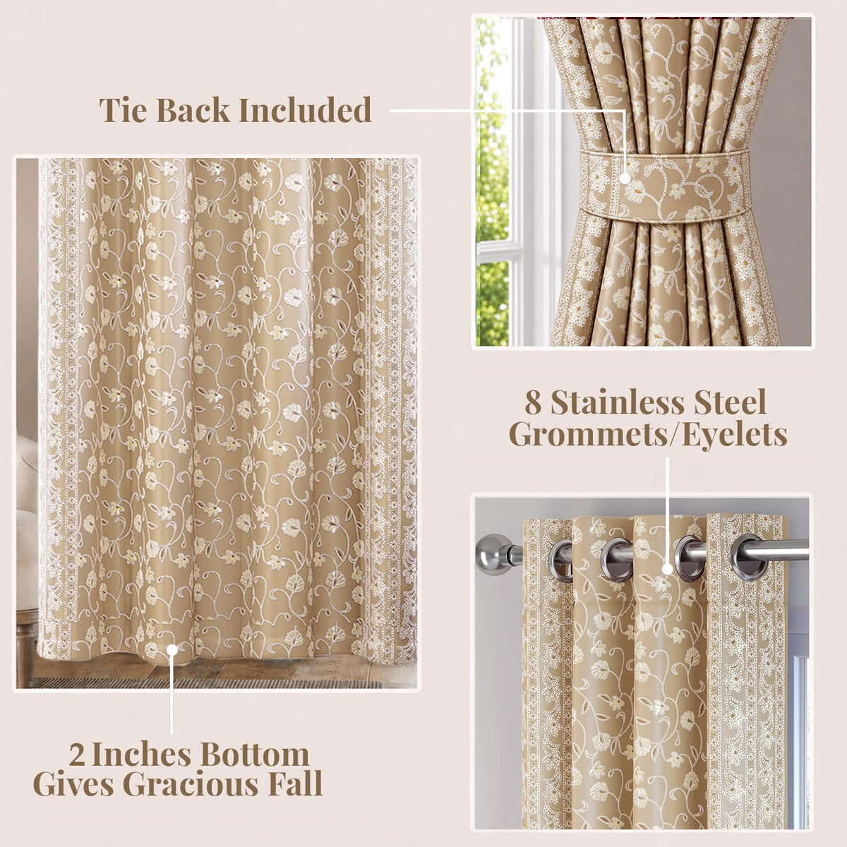 HOKIPO Shahi Bagh Eyelet Curtains, 7 Feet Long - Sand Beige - image 4