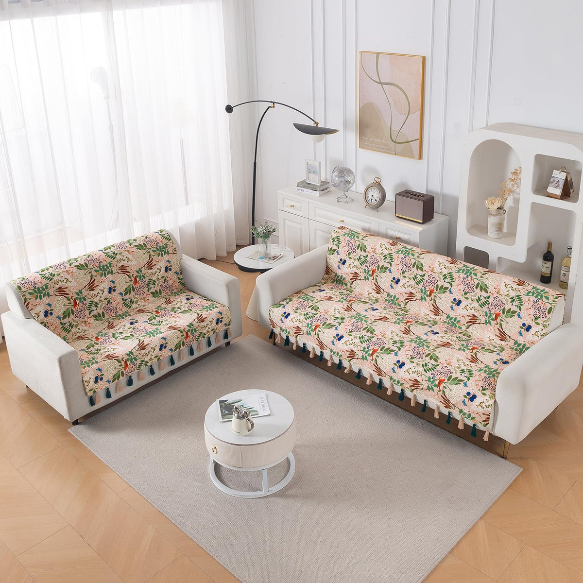 'Whispers of Nature' Series Holland Velvet Sofa Cover with Tassel, Beige Woodland Bloom