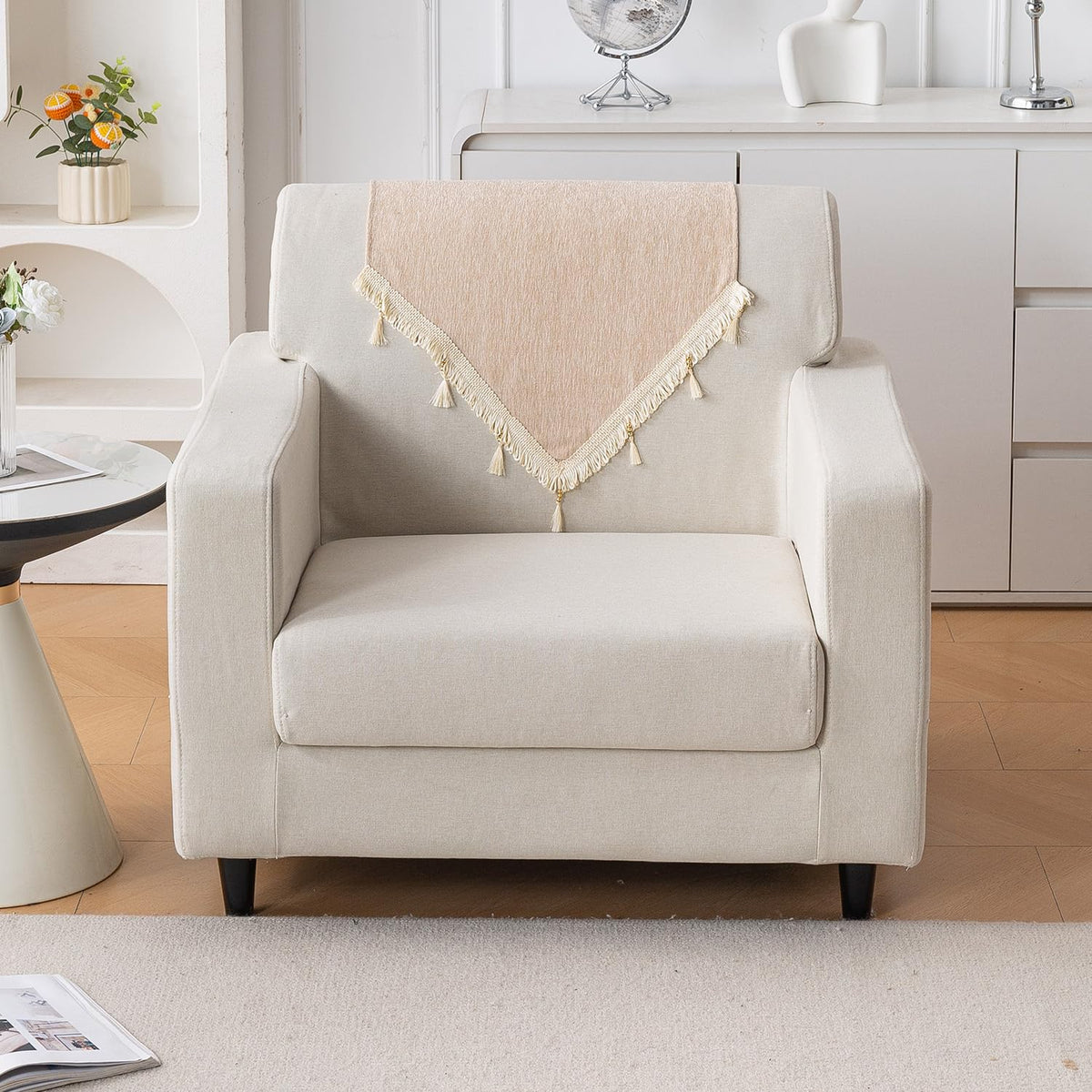 Serenity Tassel Chenille Sofa Cover with Tassel – Ivory Fringe