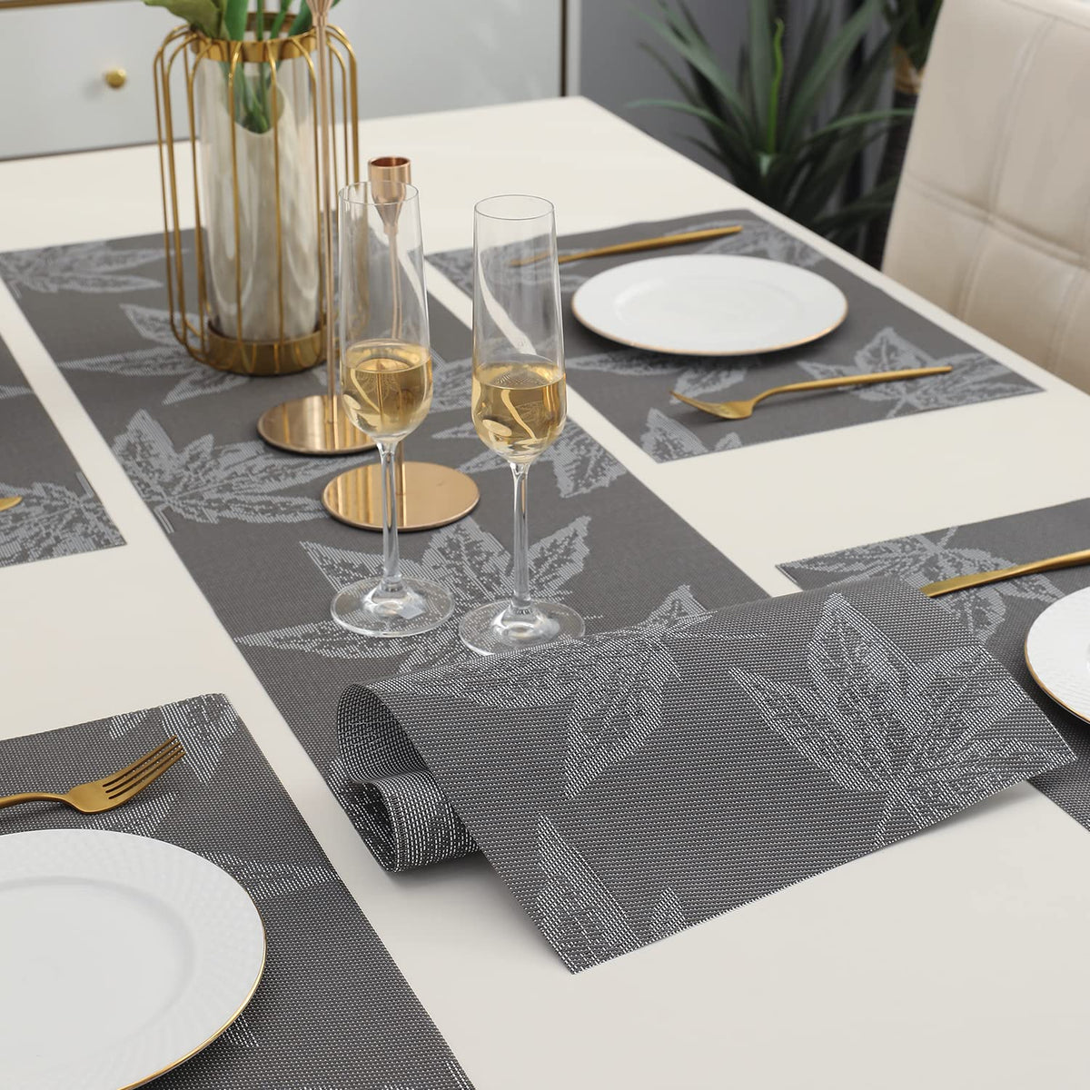 PVC Dining Table Mats, Grey Maple Leaf