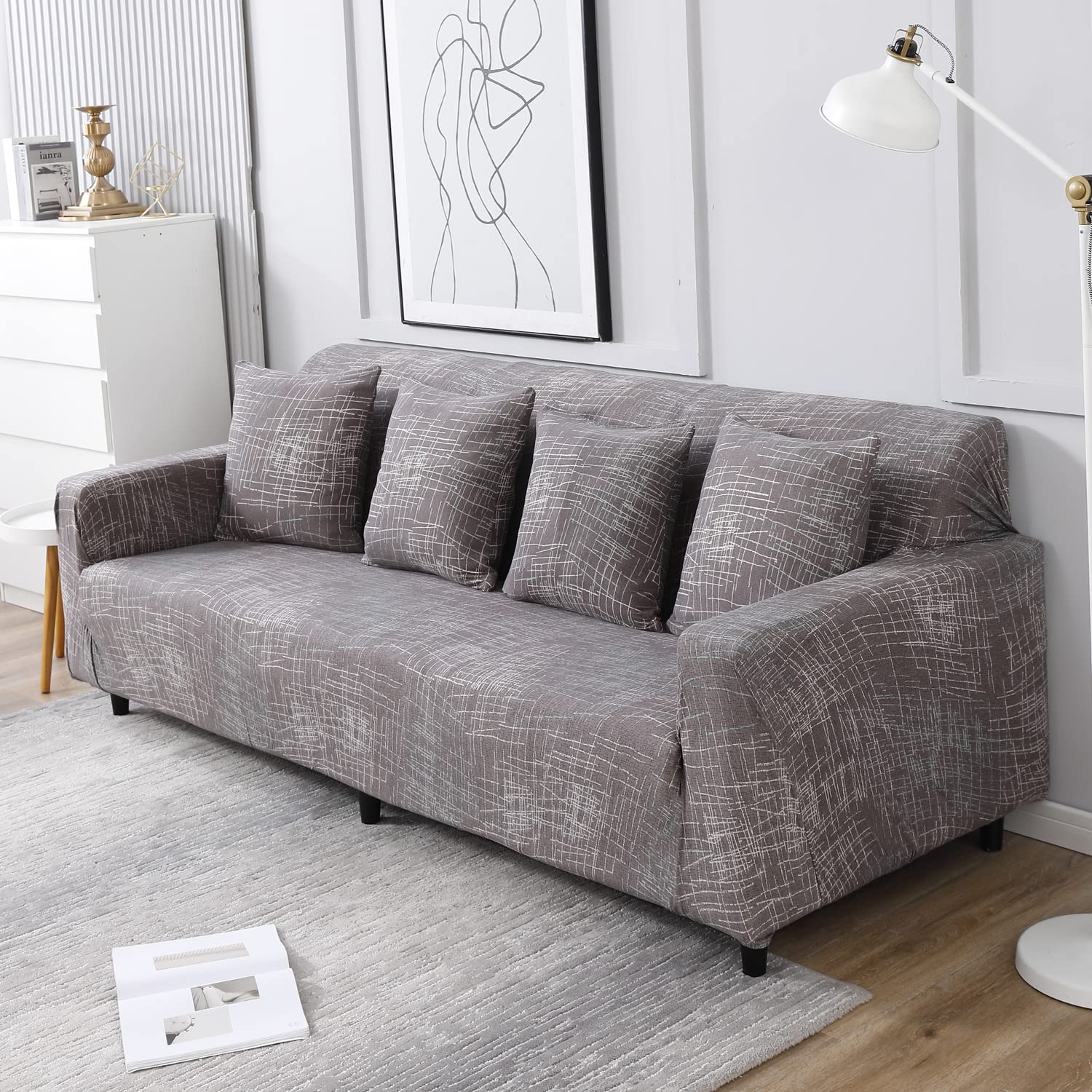 Abstract Lines Brown, non slip, elastic 4 seater sofa cover​s
