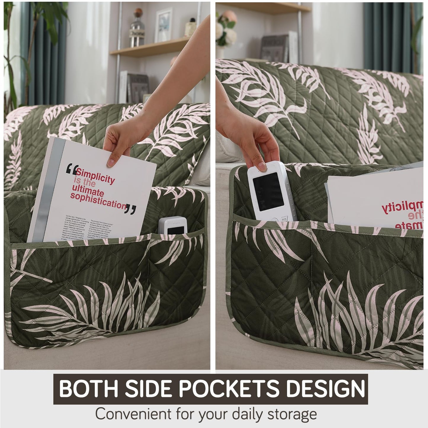 Quilted Waterproof Sofa Cover Mat with Pockets on Armrest Cover - Palm Leaves Olive