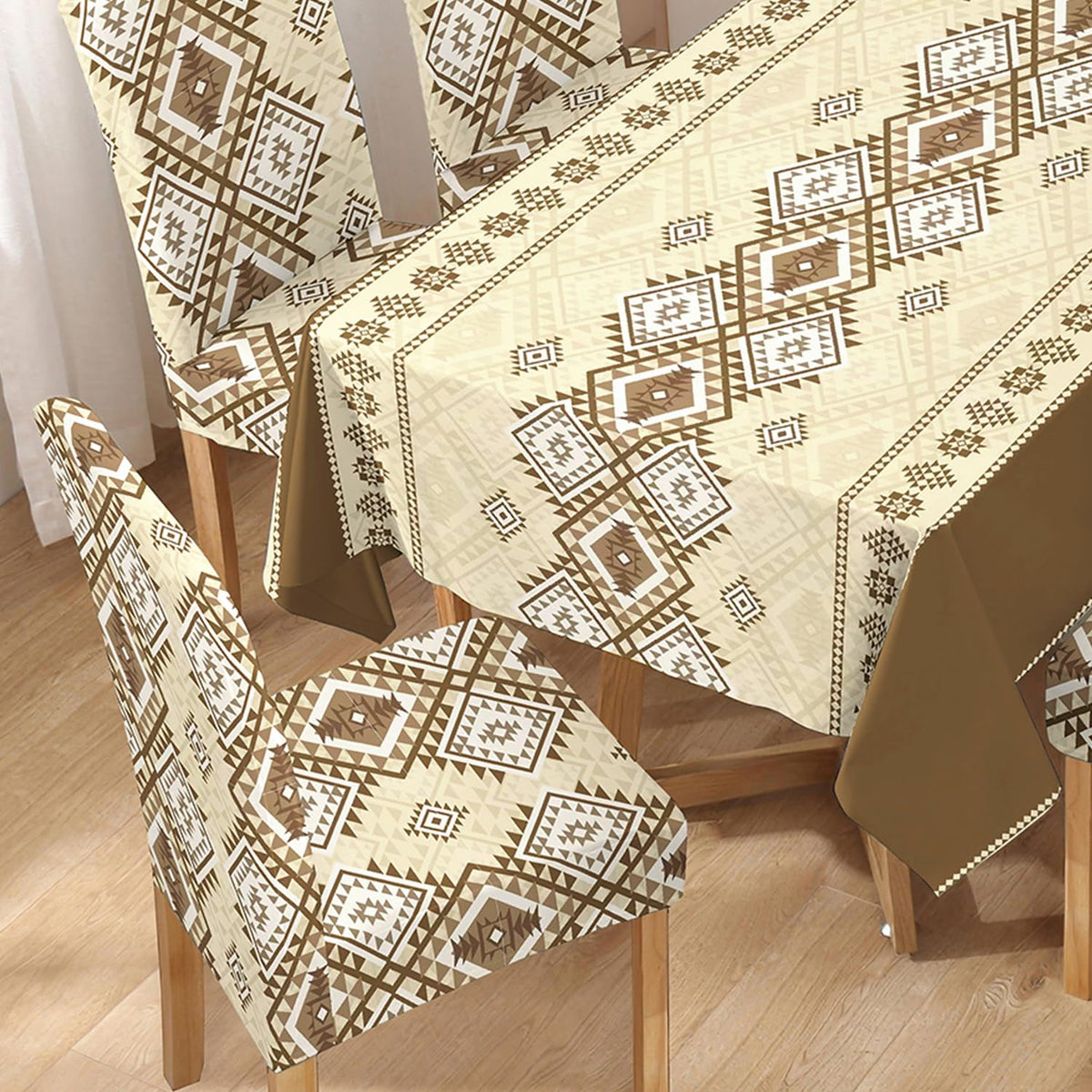Polyester Dining Chair Covers Set of 4/6 with Matching Tablecloth, Rhombus Moss Brown