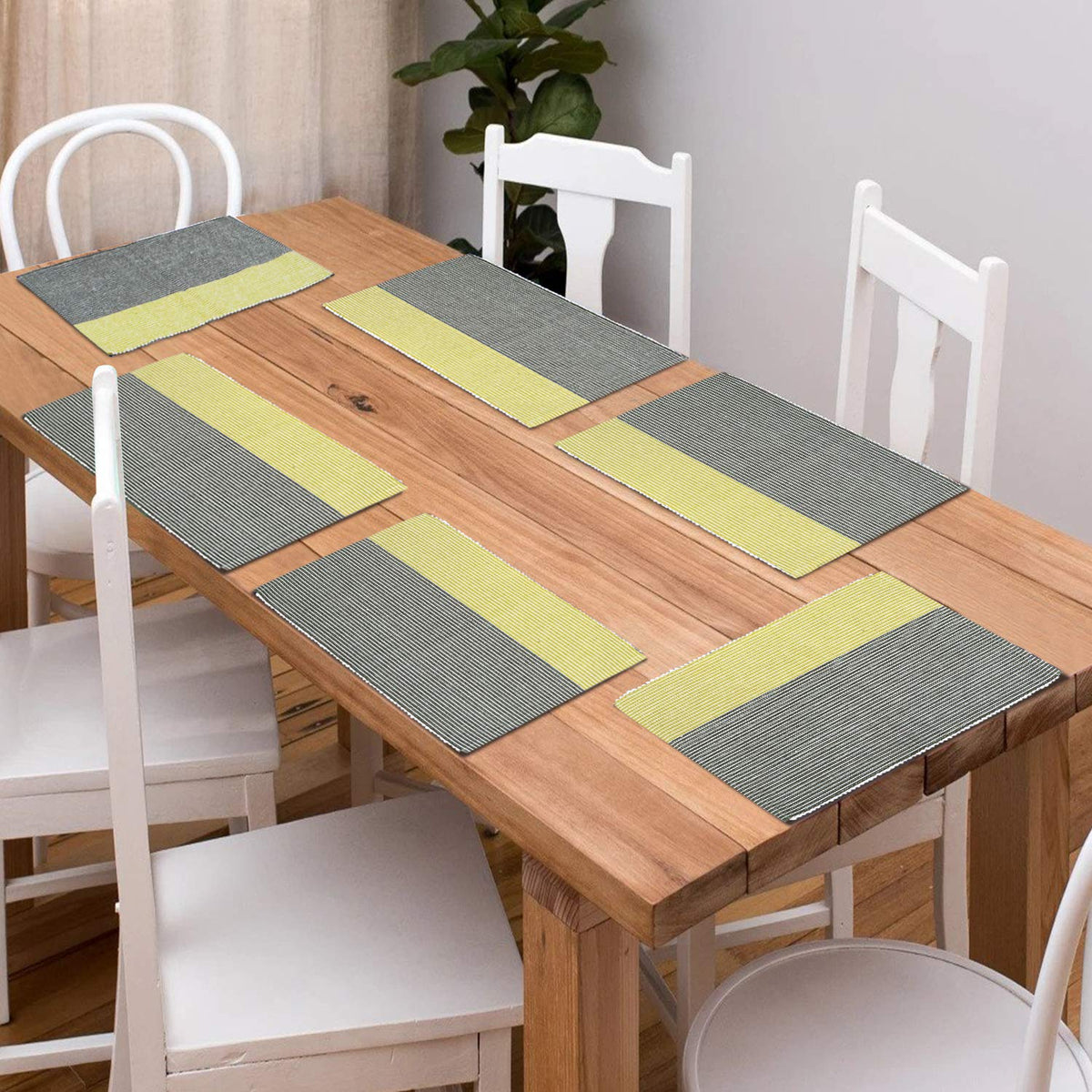 Ribbed Cotton Heat Resistant Dining Table Mat, Yellow & Grey