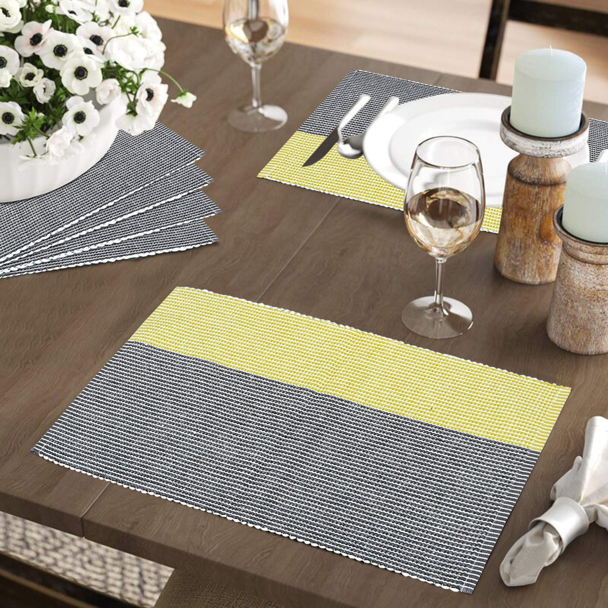 Ribbed Cotton Heat Resistant Dining Table Mat, Yellow & Grey