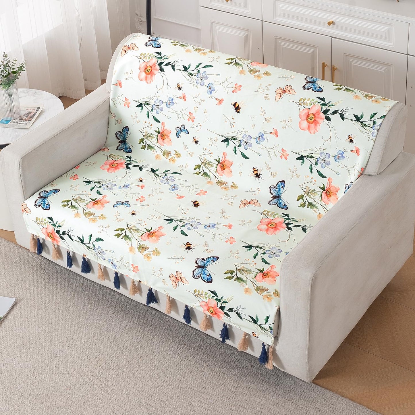 'Whispers of Nature' Series Holland Velvet Sofa Cover with Tassel, Pastel Butterfly Meadow
