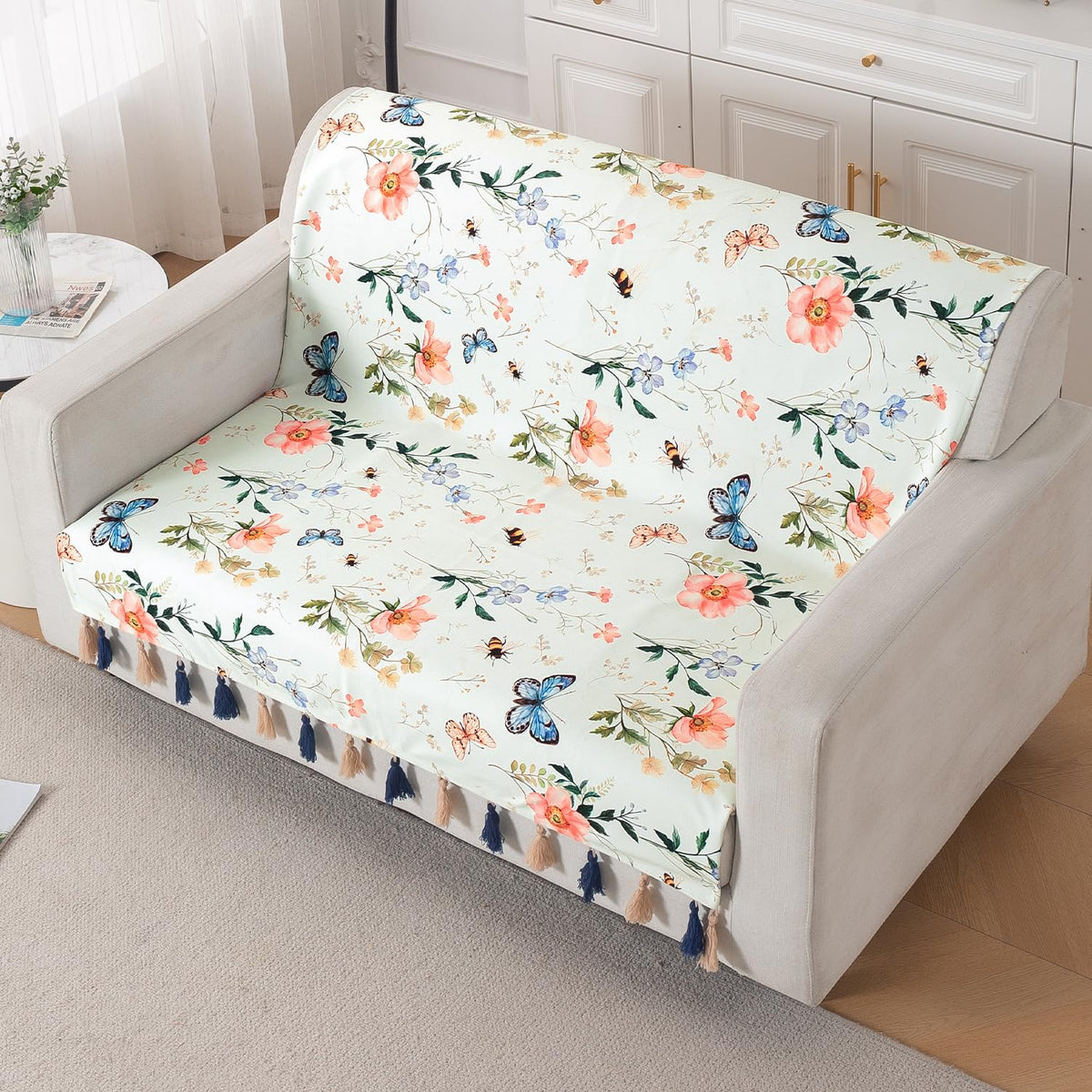 'Whispers of Nature' Series Holland Velvet Sofa Cover with Tassel, Pastel Butterfly Meadow