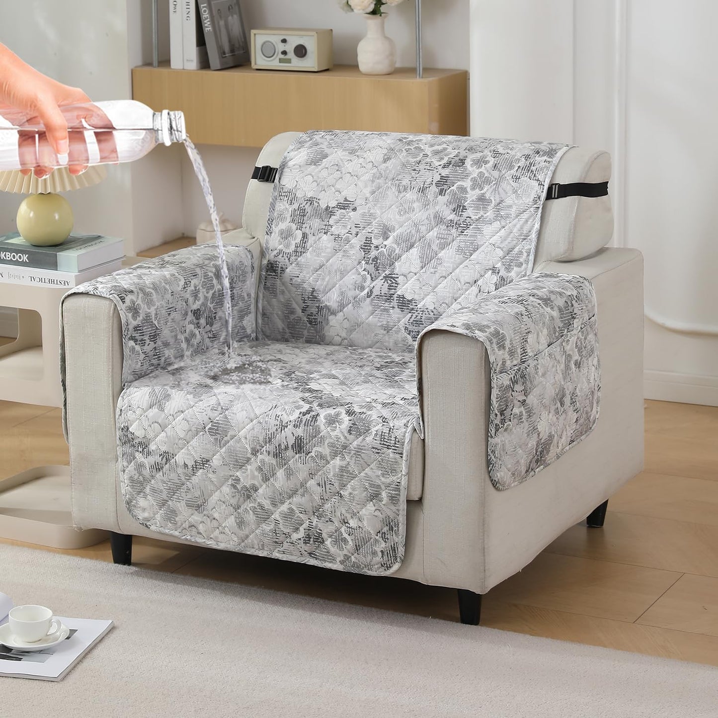 Quilted Waterproof Sofa Cover Mat with Pockets on Armrest Cover - Abstract Pale Grey