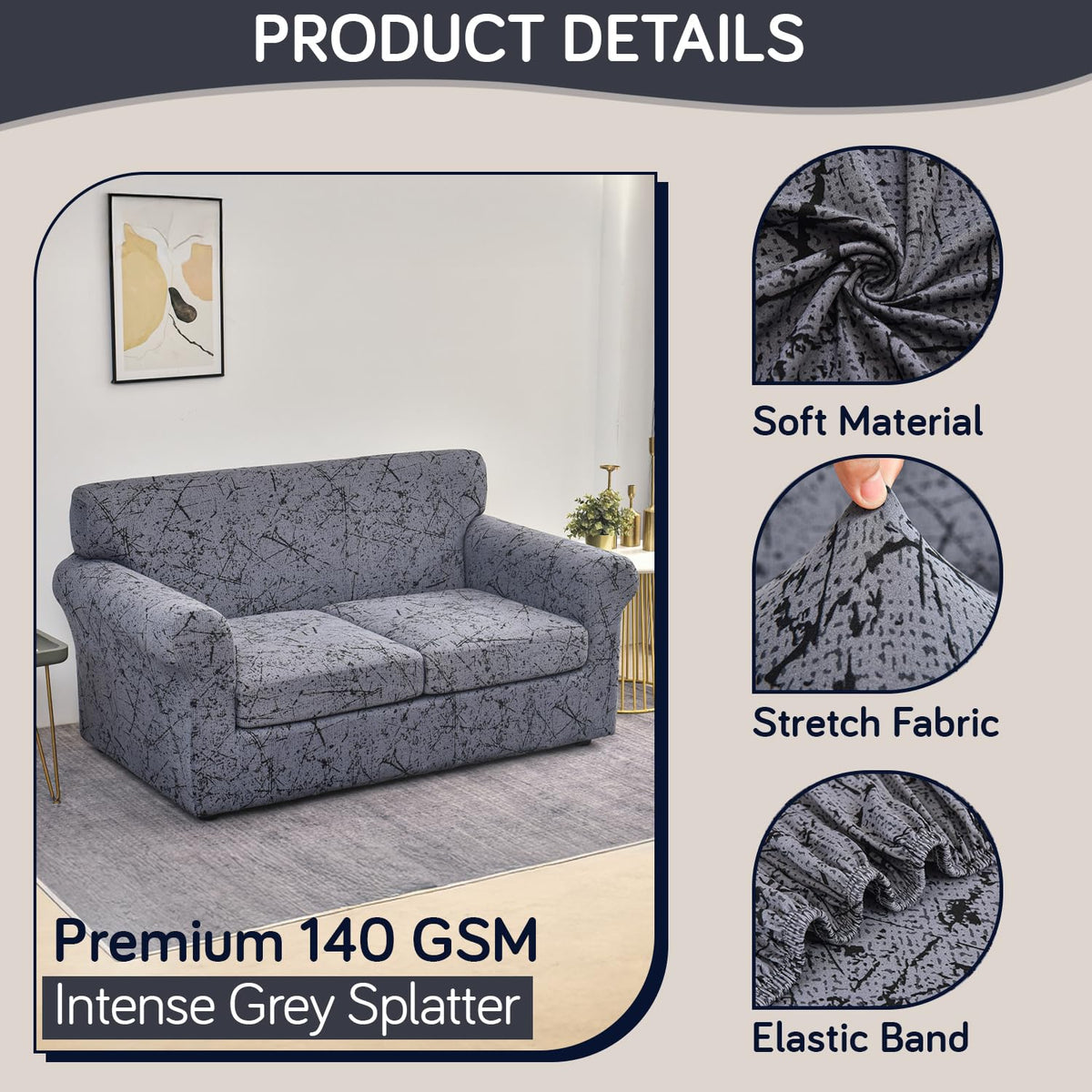Printed Stretchable Sofa Slipcover with 1/2/3 Pc Separate Seat Cushion Cover for each 1/2/3 Seater, Intense Grey Splatter