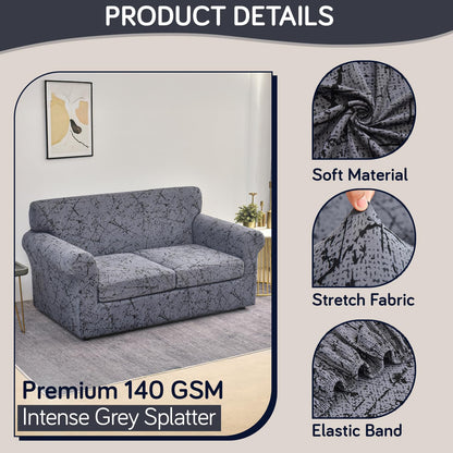 Printed Stretchable Sofa Slipcover with 1/2/3 Pc Separate Seat Cushion Cover for each 1/2/3 Seater, Intense Grey Splatter