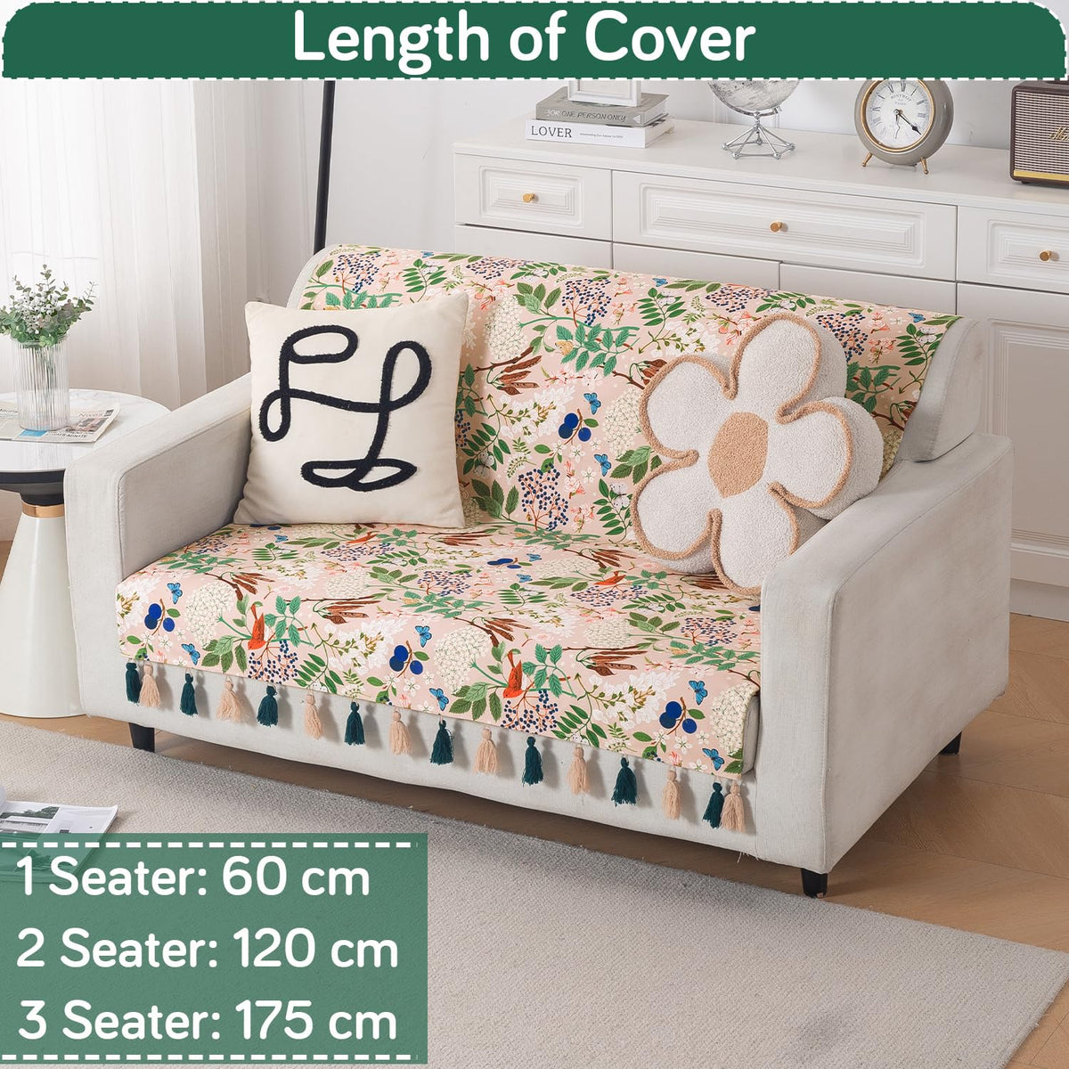 'Whispers of Nature' Series Holland Velvet Sofa Cover with Tassel, Beige Woodland Bloom