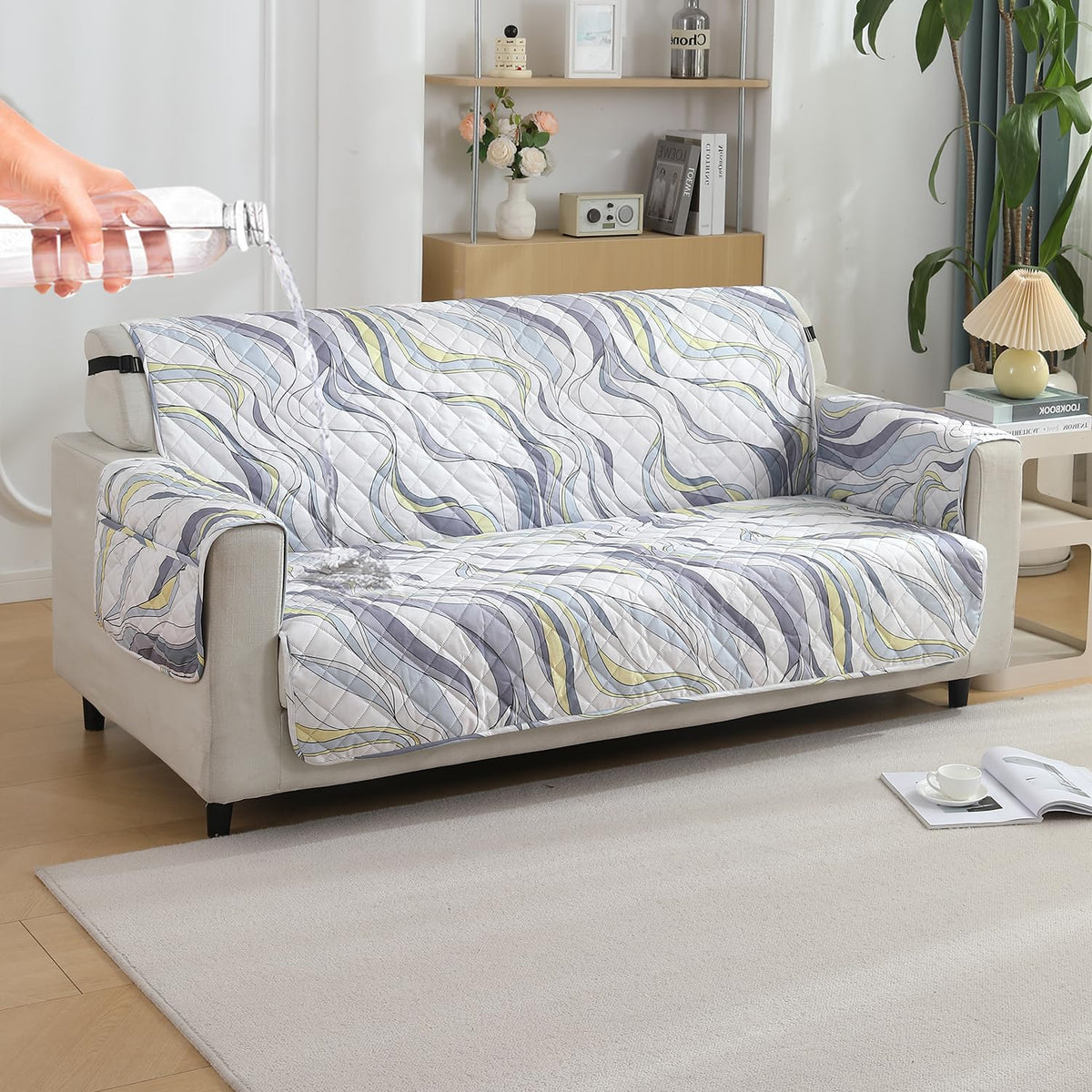 Curved Lines Pearl White print 3 seater quilted waterproof sofa cover | Hokipo
