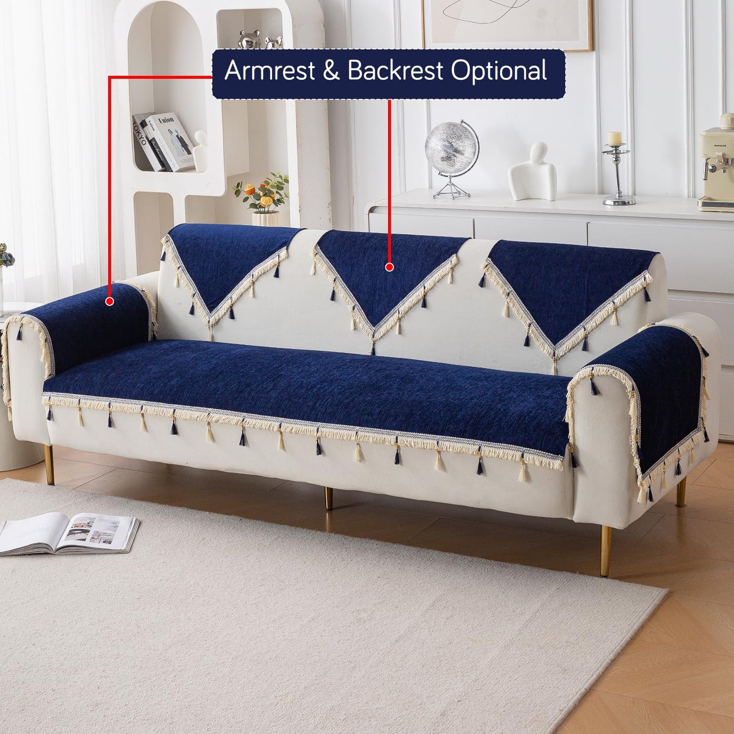 Serenity Tassel Chenille Sofa Cover with Tassel – Sapphire Navy