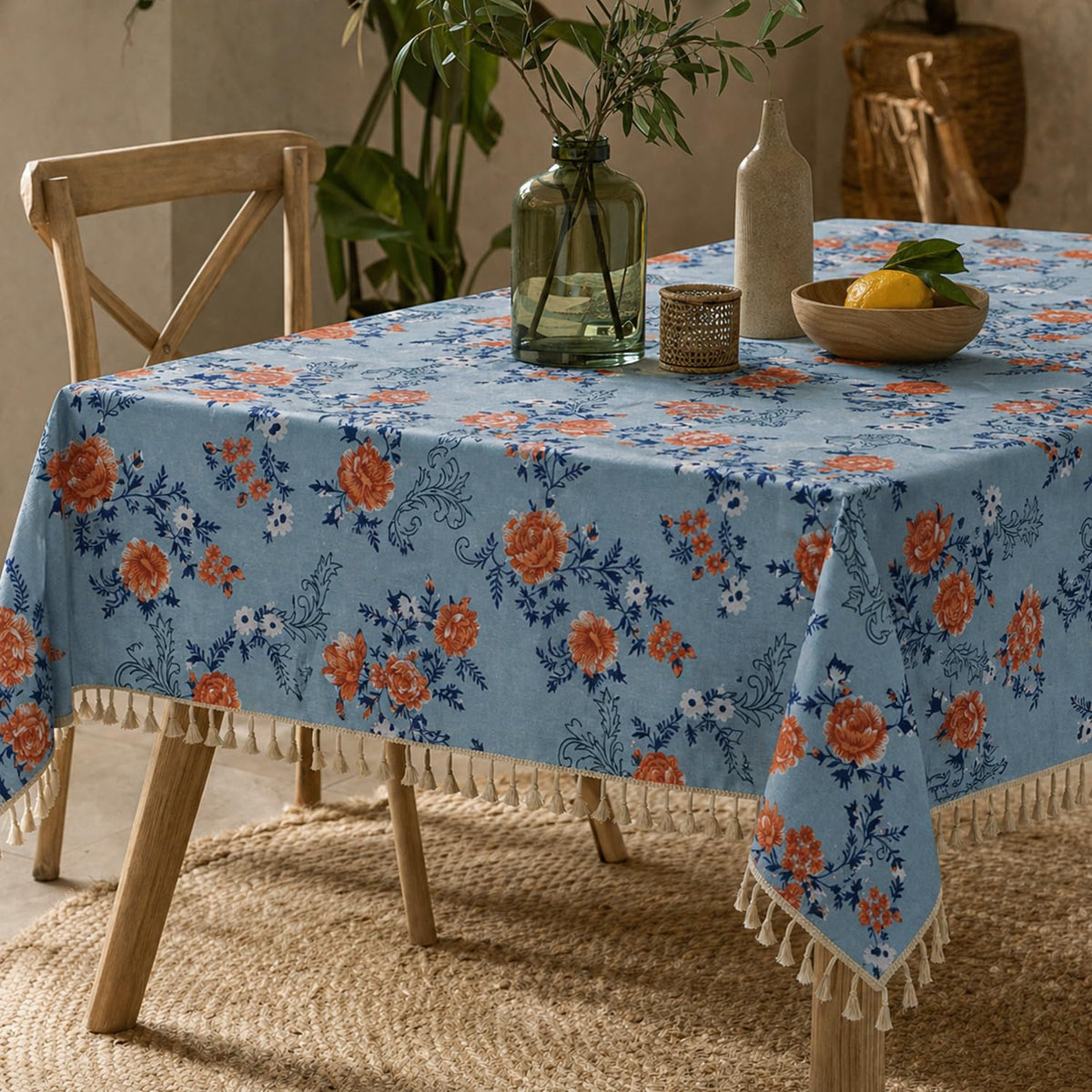 HOKIPO ShieldQuilt Table Cloth with Tassel Edge for 4/6 Seater, Blue - image 1