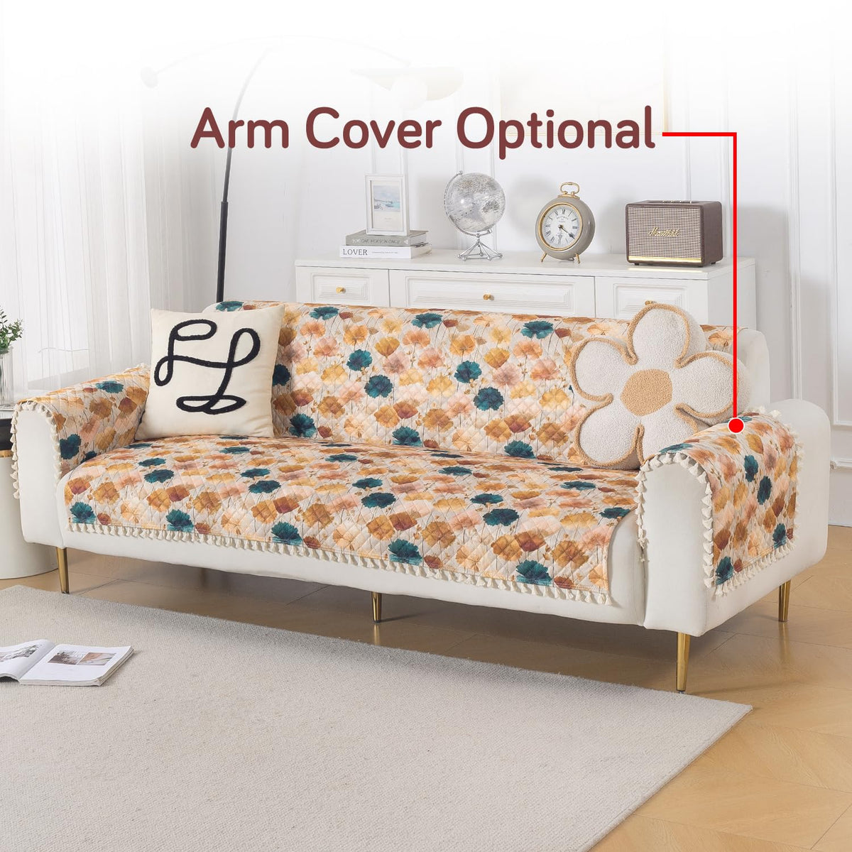 Quilted Sofa Cover 5-Seater Sofa Cover (3+1+1), Tassel Twigs | Boho Wildflower