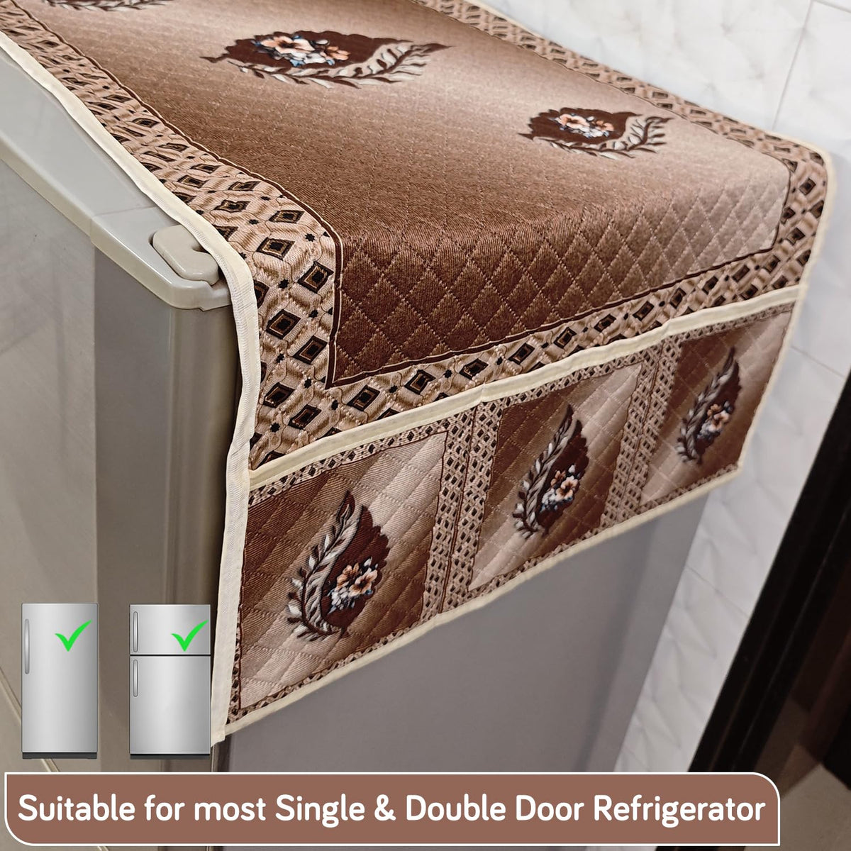 Eternal Floral Printed Quilted Fridge Top Cover with side Pockets - Ember Bloom