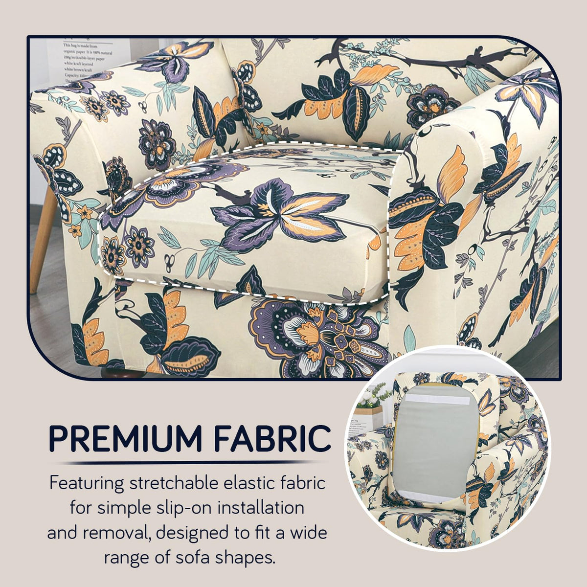 Printed Stretchable Sofa Slipcover with 1/2/3 Pc Separate Seat Cushion Cover for each 1/2/3 Seater, Cream Majestic Flora