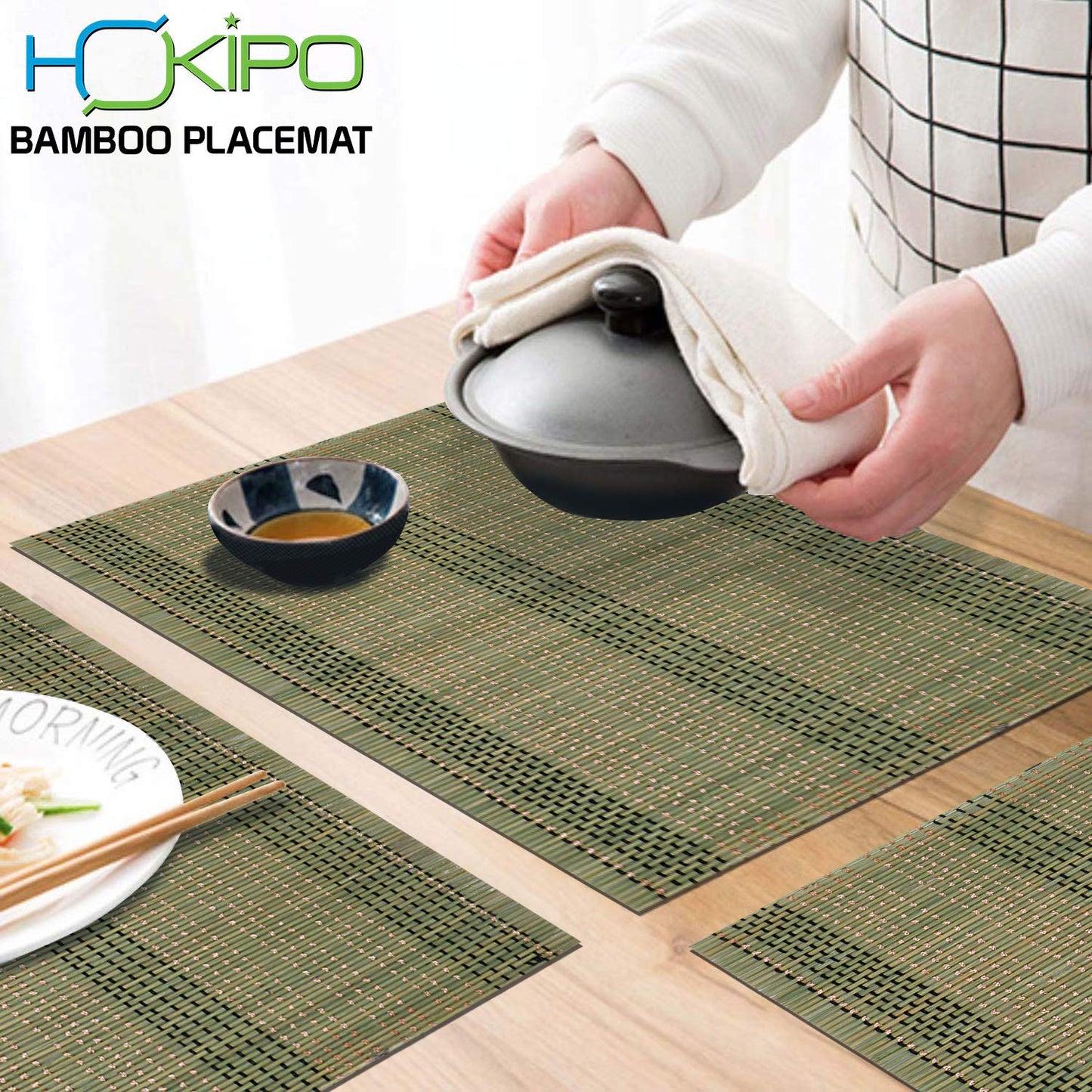 Reversible Bamboo Table Mats for Dining Table, Set of 6 Placemats, 45x30 cm, Moss Green