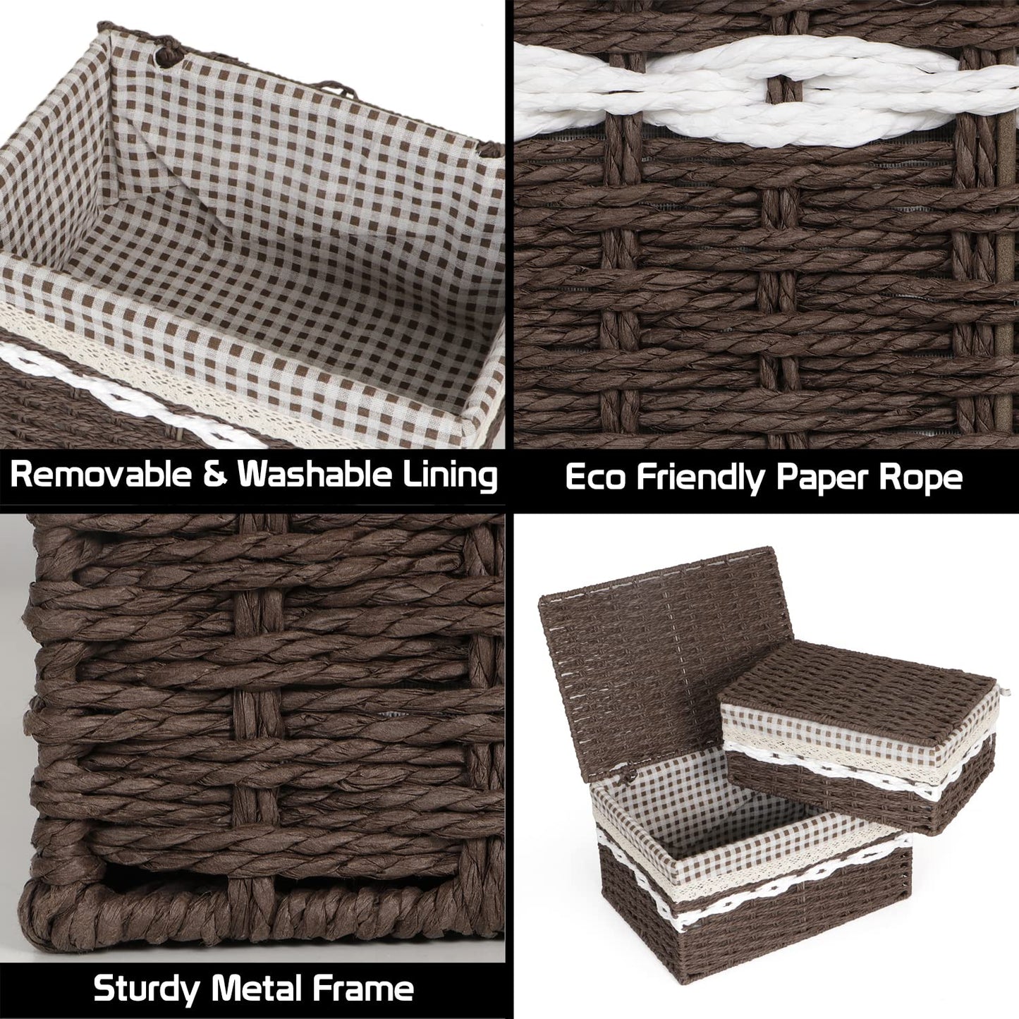 Environmental Friendly Paper Rope Wicker Storage Baskets with lid, Pack of 2, Brown