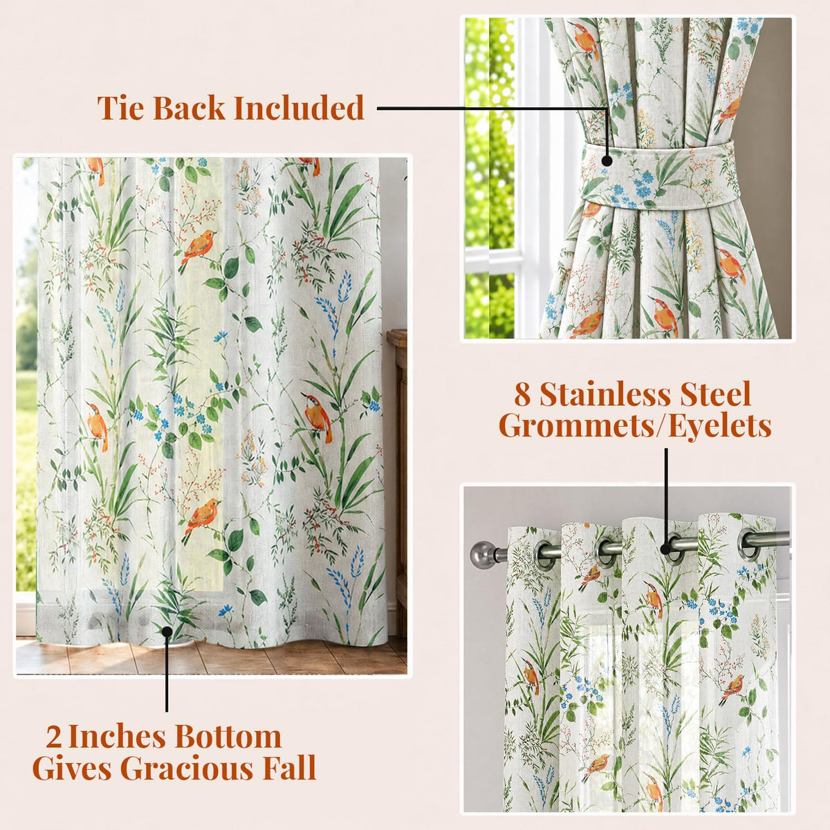HOKIPO Petals & Poetry Sheer Curtains, 7 Feet Long - Songbird Garden - image 4