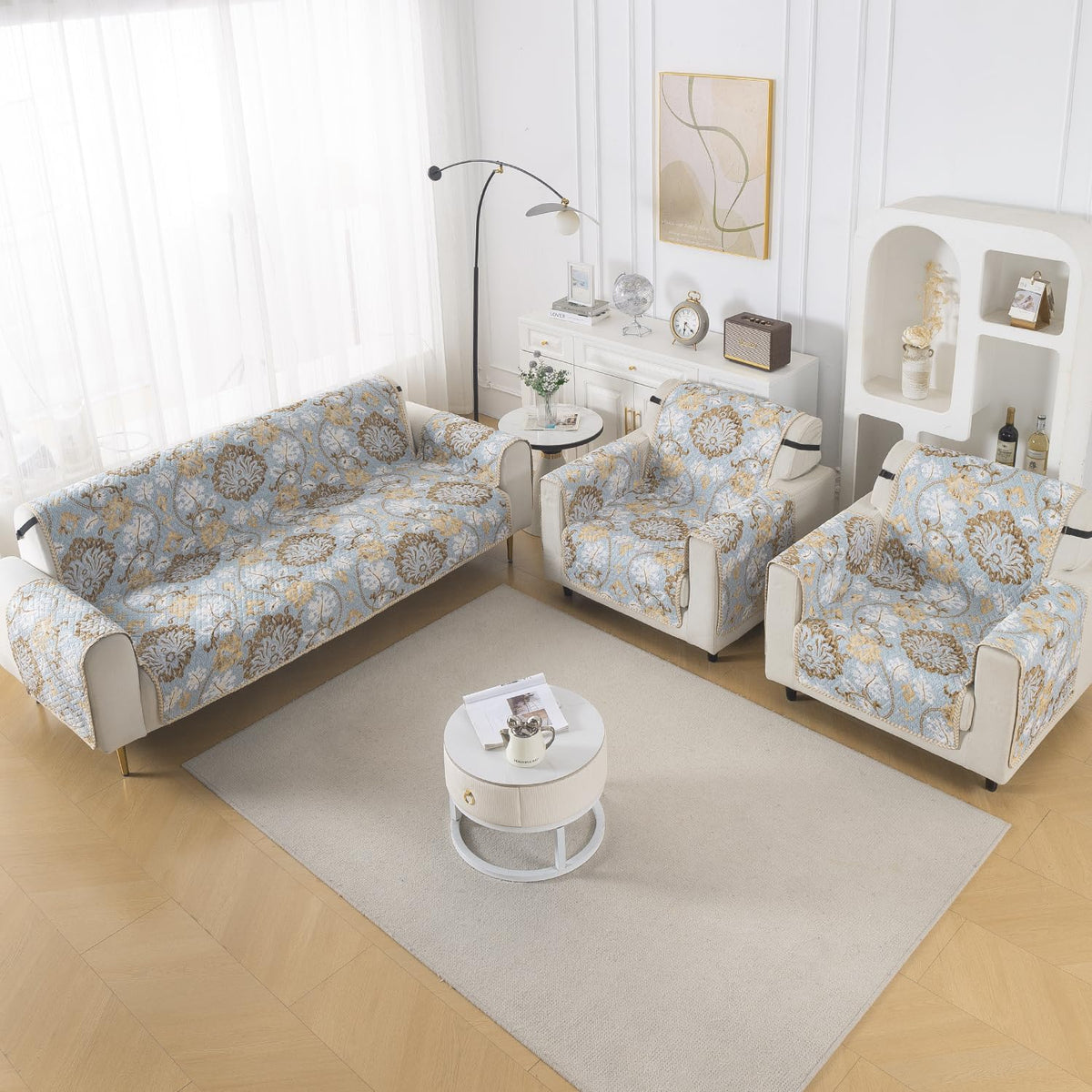 Easy Drape Reversible Quilted 5-Seater Sofa Cover (3+1+1), Cool Breeze Floral