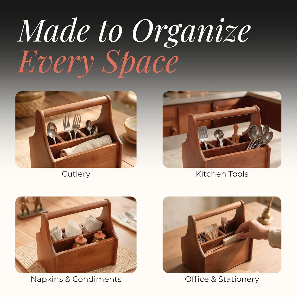 HOKIPO Arbor Acacia Wood Cutlery Caddy with Handle, 4 Compartment Organiser - image 6