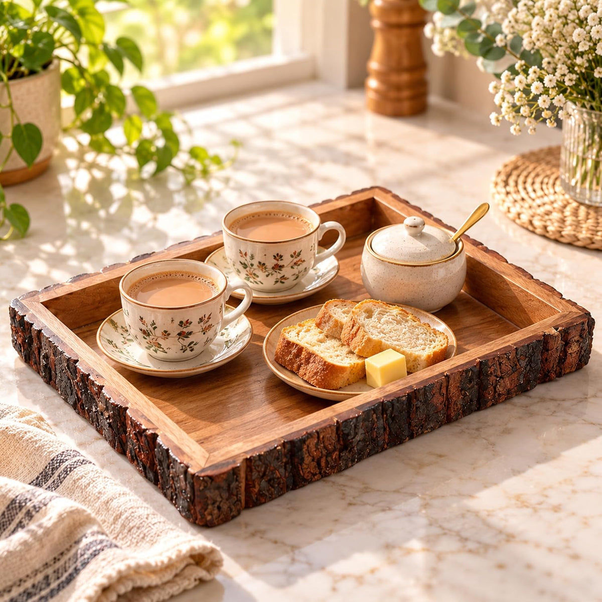 HOKIPO Arbor Mango Wood Serving Tray with Bark Edge, Square 25 x 25 cm - image 10