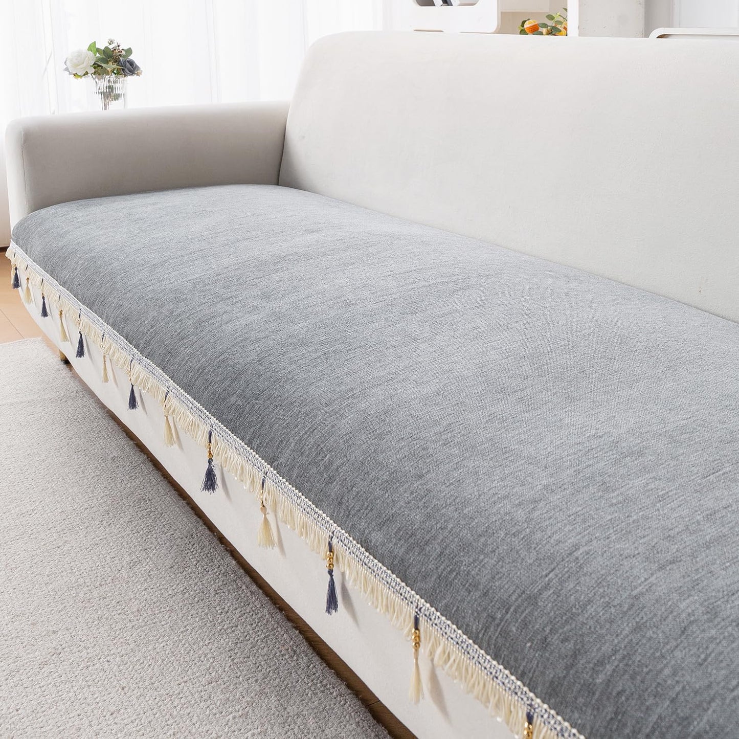 Serenity Tassel Chenille Sofa Cover with Tassel – Glacier Silver