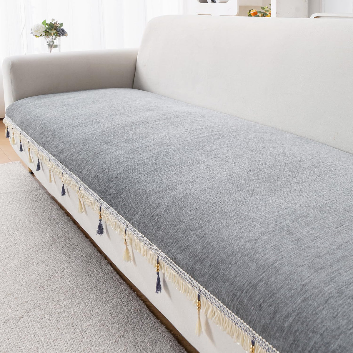 Serenity Tassel Chenille Sofa Cover with Tassel – Glacier Silver